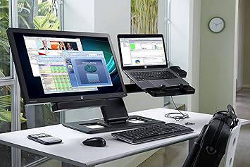 HP 2013 D9Y32AA UltraSlim Docking Station with 65W adapter, compatible with HP EliteBook Folio 9470m, shown on a desk.