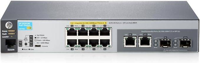 HP 2530-8-PoE+ Switch by Beaver Computer with multiple Ethernet ports and LED indicators on a white background.