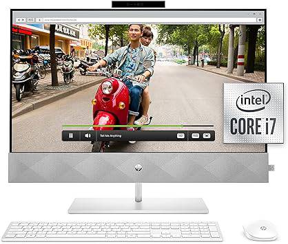 HP 27 Pavilion All-in-One PC with 10th Gen Intel i7, 16GB RAM, 27-inch Full HD IPS touchscreen, dual storage, keyboard, and mouse.