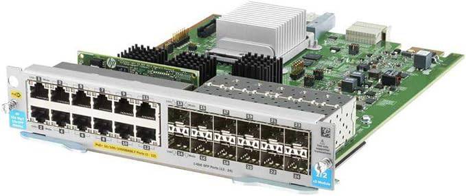 HP Aruba 12P PoE+ switch with 12 Gigabit Ethernet ports and SFP support, shown in a professional networking setup.