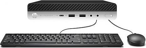 HP EliteDesk 800 G3 Mini Desktop Computer with Intel i5, 16GB RAM, 256GB SSD, keyboard, mouse, VGA, DisplayPort, Windows 10 Pro.