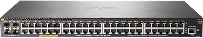 HP HPE Aruba 2930F 48G PoE+ 4SFP switch with ports and ports, black network switch with LED indicators and ports.