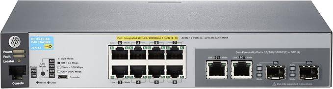 HP J9774A Procurve Switch 2530-8G-Poe+ from Beaver Computer showing front panel with ports and LED indicators.