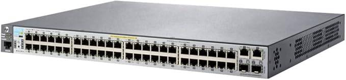HP J9778A Aruba 2530-48-PoE+ switch with 48 Fast Ethernet ports and 2 SFP ports, shown with multiple Ethernet ports and ports labels.