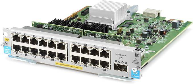HP J9992A HPE 20-port 10/100/1000BASE-T PoE+ MACsec and 1-port 40GbE QSFP+ zl2 module for networking, installed in server.