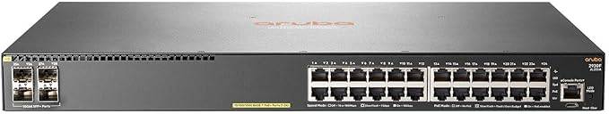 HP JL255A E Aruba 2930F 24G PoE+ switch with 4 SFP+ ports, mounted on a network rack with connected cables.