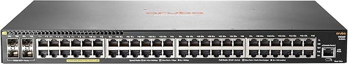 HP Aruba 2930F 48G PoE+ 4SFP+ switch with multiple ports, black network switch with LED indicators and port labels.
