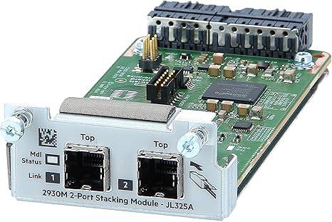 HP JL325A HPE Aruba 2930 2PT stacking module installed in network switch, with ports and LED indicators visible.