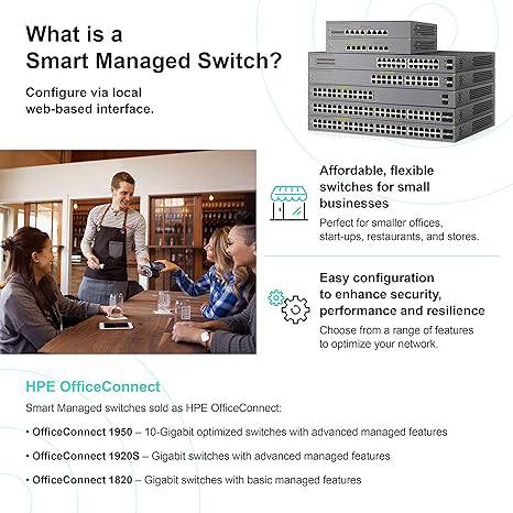 HP JL384A 1920S 24G switch with 2 SFP ports, PoE+ support, and 185W power, shown in a professional network setup.