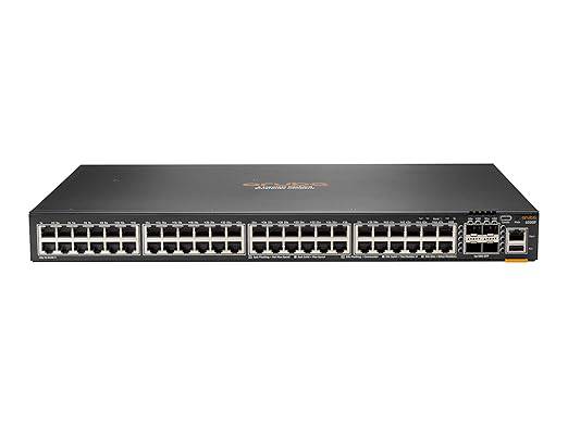 Renewed HP Aruba JL667A 6300F 48-port 1GbE switch with 4 SFP56 ports, shown in a professional network setup