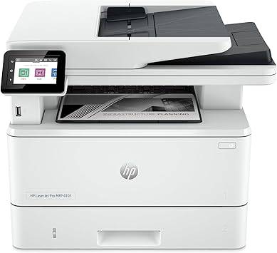 HP Laserjet Pro MFP 4101fdn printer by Beaver Computer showing front view with control panel, paper tray, and connection ports.