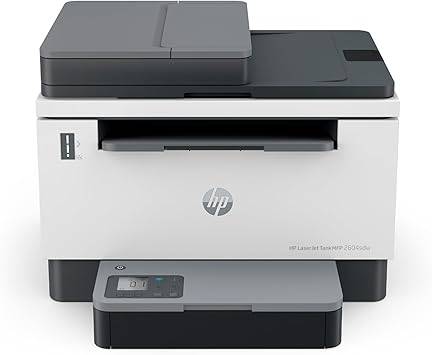 HP LaserJet Tank MFP 2604sdw printer in white, compact desktop design with control panel and paper tray.