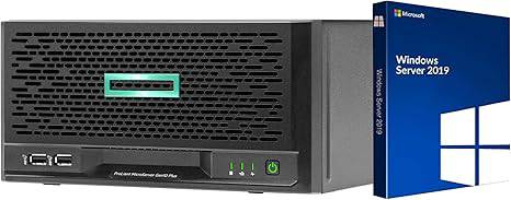 HP MicroServer Gen10 Plus mini tower server with Intel Xeon E-2224, 32GB RAM, 16TB storage, RAID, running Windows Server 2019.