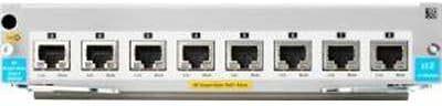 HPE J9995A 8P PoE+ V3 ZL2 module for network switches, installed in a data center, featuring multiple Ethernet ports.