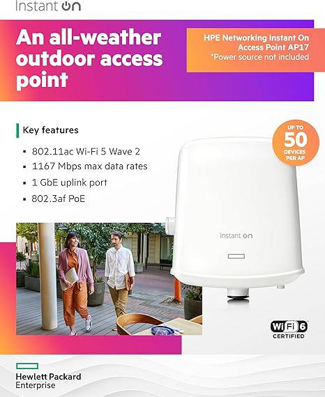 HPE Networking Instant On Access Point AP17 2x2 WiFi 5 Outdoor Wireless Access Point | Power Source Not Included | US Model (R2X10A)