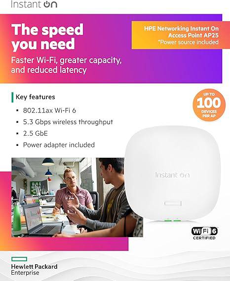 HPE Networking Instant On Access Point AP25 4x4 WiFi 6 Indoor Wireless Access Point | Power Source Included | US Model (R9B32A)