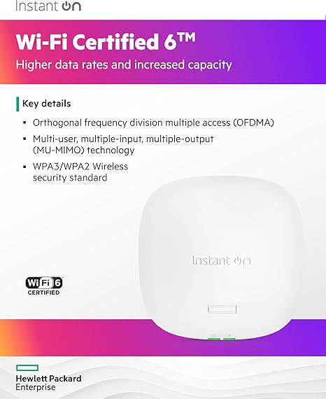 HPE Networking Instant On Access Point AP25 4x4 WiFi 6 Indoor Wireless Access Point | Power Source Included | US Model (R9B32A)