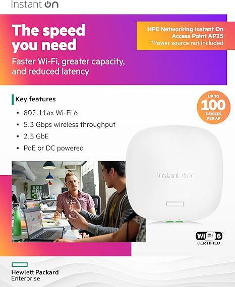 HPE Networking Instant On Access Point AP25 4x4 WiFi 6 Indoor Wireless Access Point | Power Source Not Included | US Model (R9B27A)