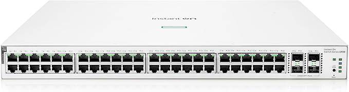 HPE Networking Instant On Switch Series 1930 48-Port Gb smart-managed Ethernet switch with PoE, SFP+ ports, US power cord.