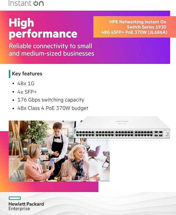 HPE Networking Instant On Switch Series 1930 48-Port Gb Smart-Managed Layer 2+ Ethernet Switch | 48x 1G | 4X SFP+ | 48x CL4 PoE 370W | US Cord (JL686A#ABA)