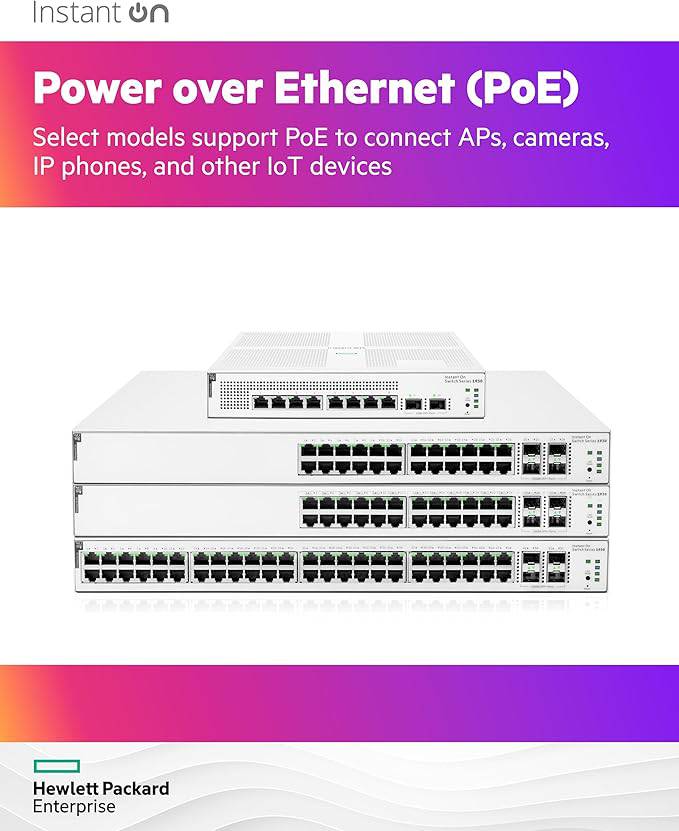 HPE Networking Instant On Switch Series 1930 48-Port Gb smart-managed Ethernet switch with PoE, SFP+ ports, US power cord.