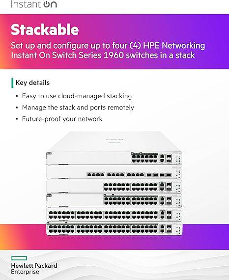 HPE Networking Instant On Switch Series 1960 24-Port Gb Smart-Managed Layer 2+ Ethernet Switch with PoE | 24x 1G | 2X 10GBase-T, 2X SFP+ | 20x CL4, 4X CL6 PoE 370W | Stackable | US Cord (JL807A#ABA)