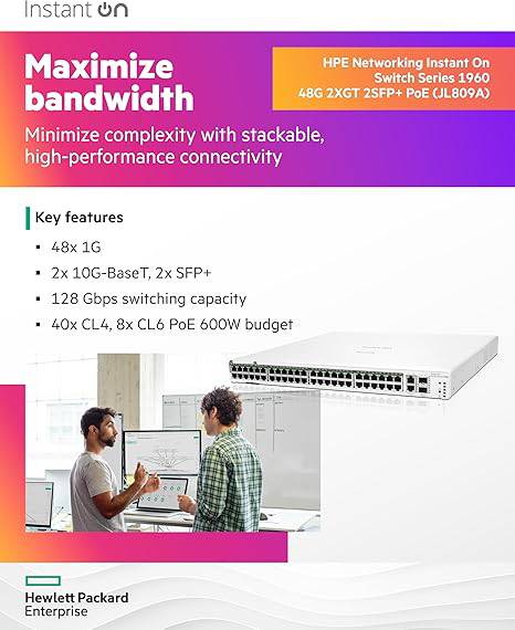 HPE Networking Instant On Switch Series 1960 48-Port Gb Smart-Managed Layer 2+ Ethernet Switch with PoE | 48x 1G | 2X 10GBase-T, 2X SFP+ | 40x CL4, 8X CL6 PoE 600W | Stackable | US Cord (JL809A#ABA)