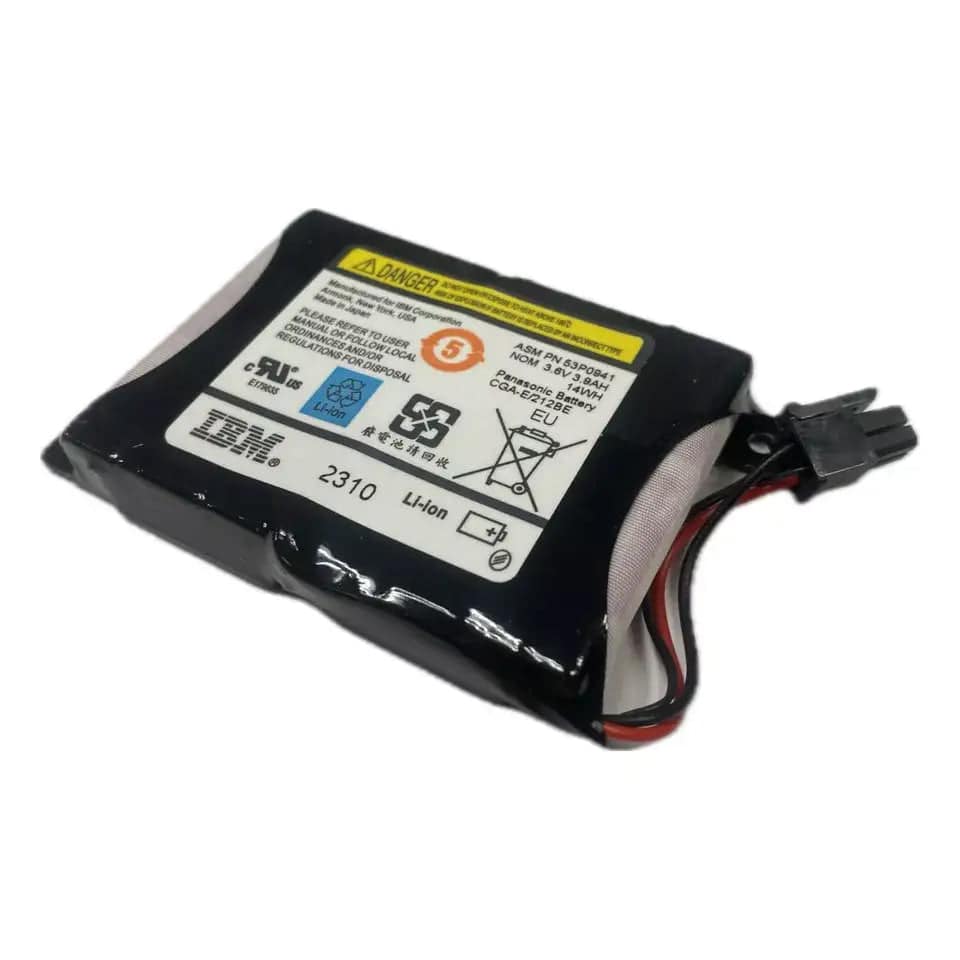 IBM 53P0941 cache battery for V3 systems, shown in a protective case with connectors, designed for reliable data caching.
