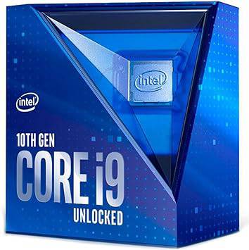 Intel Core i9-10900K desktop processor with 10 cores, up to 5.3 GHz, LGA1200 socket, shown in a computer motherboard setting.
