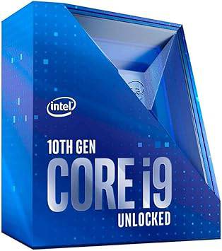 Intel Core i9-10900K desktop processor with 10 cores, up to 5.3 GHz, LGA1200 socket, shown in a computer motherboard setting.