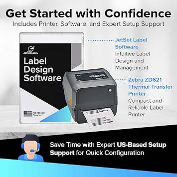JetSet Label Zebra ZD621 | Thermal Transfer & Direct Thermal Printer ZD6A043-301F00EZ | 300 DPI | USB, USB Host, Ethernet, Serial, BTLE5 Connectivity | Includes Jet Set Software - ZD6A043-301F00EZ
