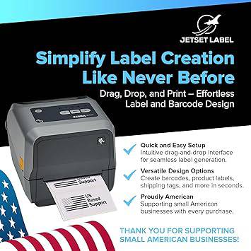 Beaver Computer JetSet Zebra ZD621 thermal transfer and direct thermal printer with USB, Ethernet, serial, Bluetooth, and included software.