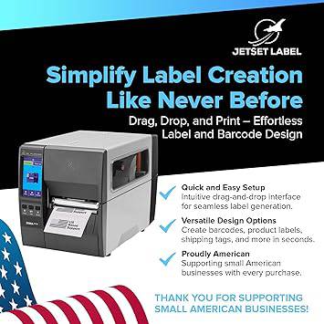 JetSet Label Zebra ZT231 thermal transfer and direct thermal printer with USB, serial, Ethernet, Bluetooth, and tear bar.