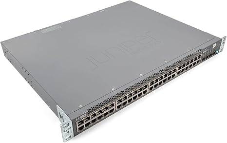 Juniper EX3400-48P Ethernet Switch with 48 ports, shown with network cables and ports, by Beaver Computer.