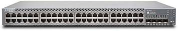 Juniper Networks EX2300-48T 48-port Ethernet switch with 10/100/1000BASE-T ports, displayed on a desk with connected cables