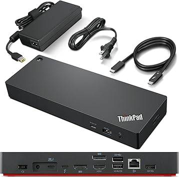 Lenovo ThinkPad Universal Thunderbolt 4 Dock in black with four display ports and dynamic 100W power charging, shown from front view.