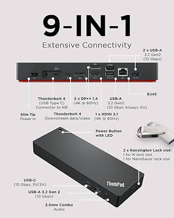 Lenovo ThinkPad Universal Thunderbolt 4 Dock, 4 Displays, Dynamic Power Charging up to 100W, Black - 40B00135US