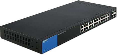 Linksys Business LGS326 24-port Gigabit smart managed switch with 2 Gigabit and 2 SFP ports, shown with ports and network connections.