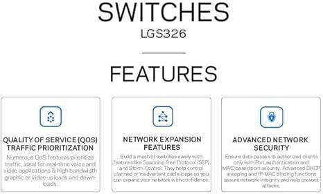 Linksys Business LGS326 24-port Gigabit smart managed switch with 2 Gigabit and 2 SFP ports, shown with ports and network connections.