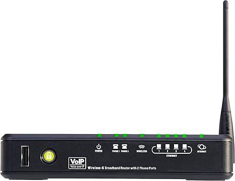 Wireless G broadband router with Linksys by Cisco branding, featuring two phone ports and multiple Ethernet ports for home or office use.
