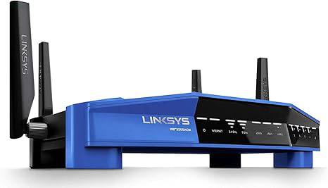 Linksys WRT3200ACM dual-band Gigabit Wi-Fi router with beamforming, tri-stream wireless, Ethernet ports, and MU-MIMO in black and blue.