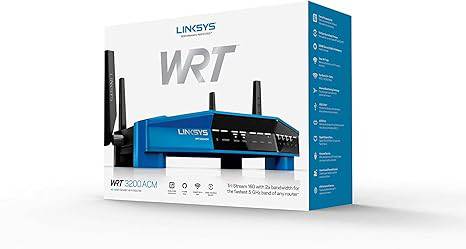 Linksys WRT3200ACM dual-band Gigabit Wi-Fi router with beamforming, tri-stream wireless, Ethernet ports, and MU-MIMO in black and blue.