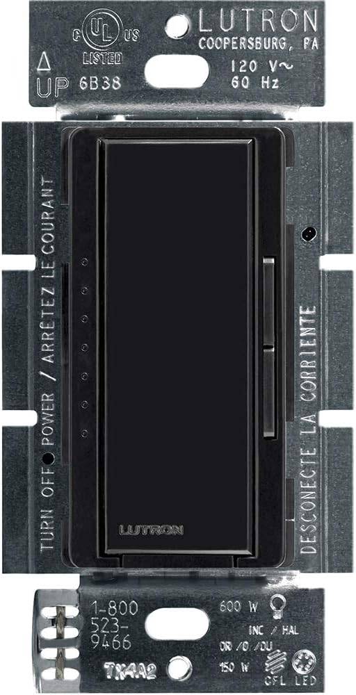 Lutron Maestro C.L dimmer switch for LED, halogen, and incandescent bulbs in black, designed for single-pole or multi-location use.