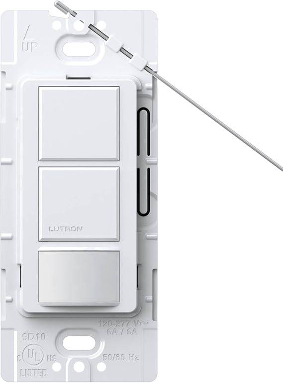 Lutron Maestro single pole dual-circuit occupancy sensing switch in white, 6-amp, installed on a wall.