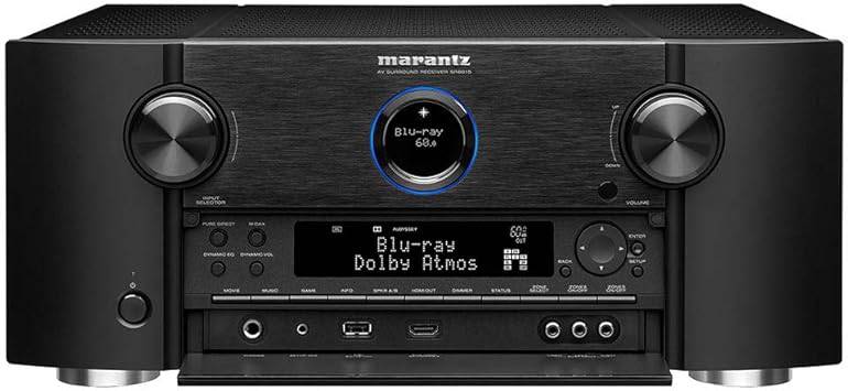 Beaver Computer Marantz SR8015 11.2 channel 8K Ultra HD AV receiver with 3D audio, HEOS, and voice control, black front panel.