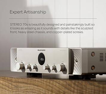 Marantz Stereo 70s two-channel audio and video receiver with 8K support and HEOS built-in, shown on a modern home entertainment setup.
