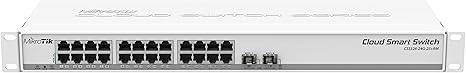 Mikrotik CSS326-24G-2S+RM managed Gigabit Ethernet switch with PoE support, 1U rack-mount, white, by Beaver Computer.