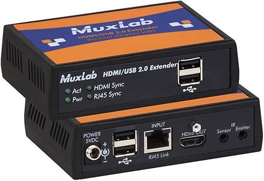 MuxLab HDMI USB 2.0 Extender Kit 500457 | HDMI USB 2.0 HDBT 4K60 Video Extender Kit Cat5e/6 RJ45 Plug Cable Bidirectional IR Transmitter Receiver - 500457
