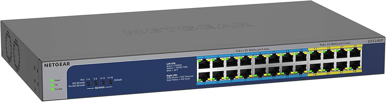 NETGEAR 24-port Gigabit Ethernet unmanaged switch with PoE++ for powering network devices, shown with ports and LED indicators.