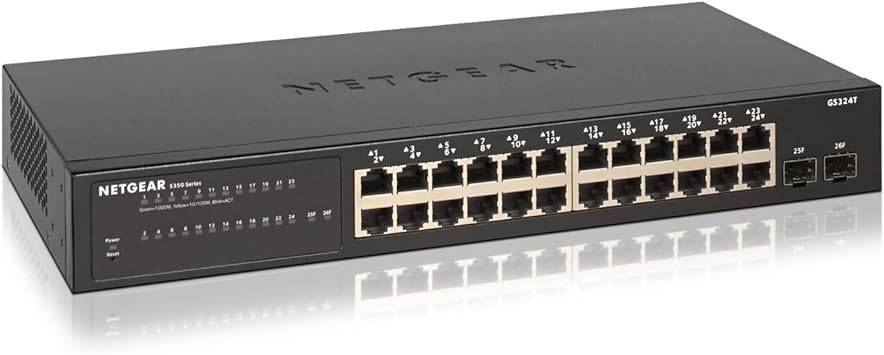 NETGEAR 26-port Gigabit Ethernet smart managed switch GS324T with 2 SFP ports, desktop or rackmount installation.